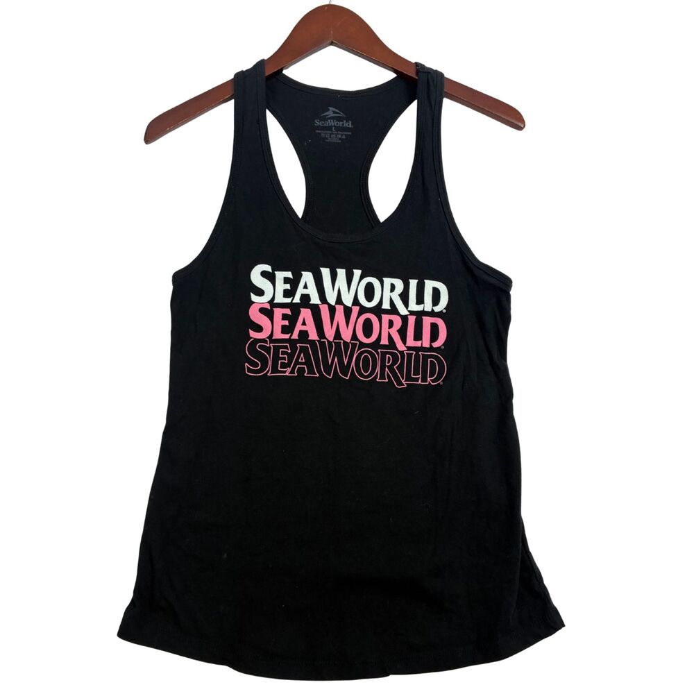 SeaWorld Womens Large Black Racerback Tank Top Pink Logo Graphic Sleeveless
